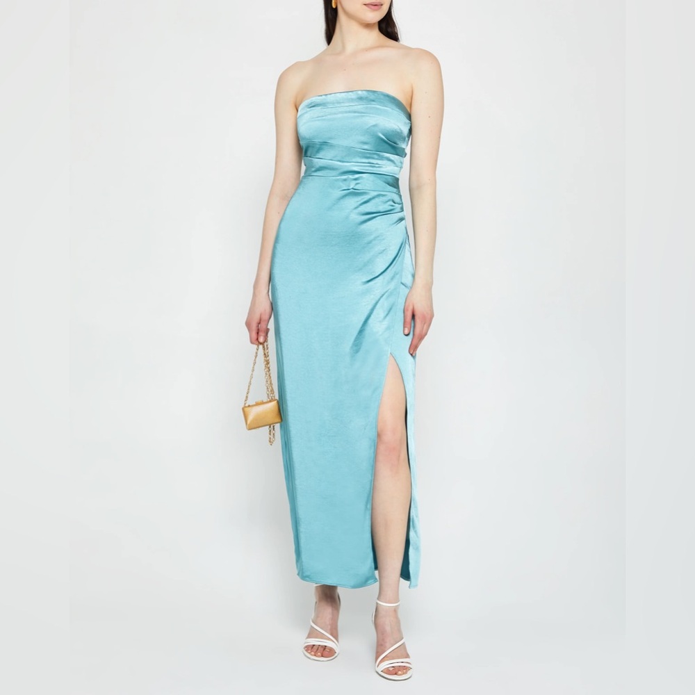 Satin strapless long dress in blue